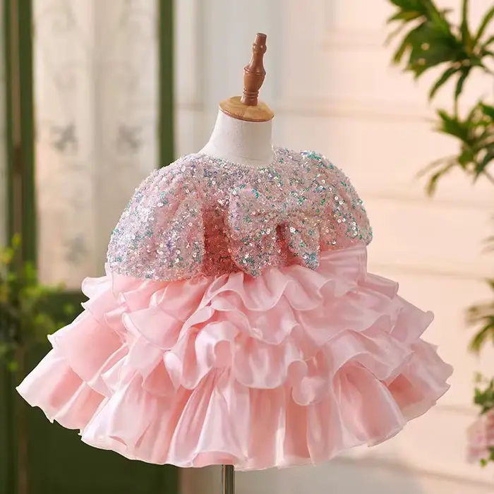 Jill Wish J453 robe à fleurs rose brillant pour filles, avec nœud en dentelle, manches bouffantes, princesse, pour enfants en bas âge, mariage, 1er anniversaire, robe de fête de concours