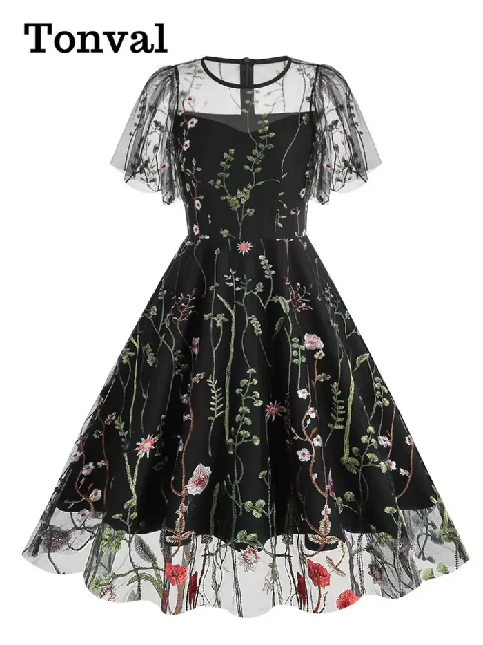 Tonval-Robe longue vintage brodée pour femme