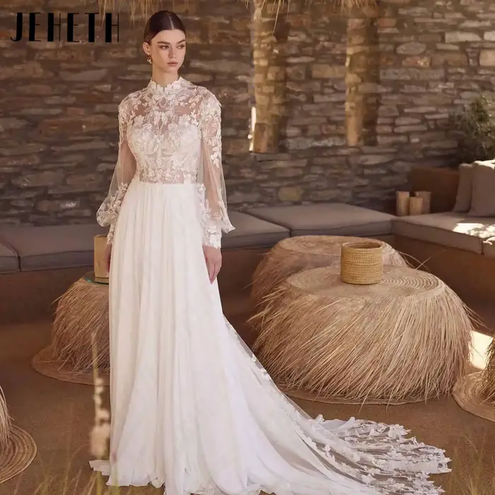 Robe de mariée en mousseline avec col illusion et manches lanternes pour femmes grandes occasions spéciales ```