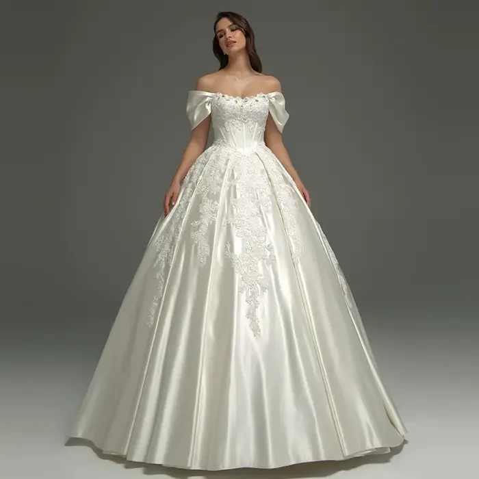 Robe De mariée gracieuse en Satin avec dentelle brodée, ligne a, manches courtes, col bateau, robe D