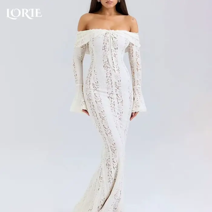 LORIE dentelle sirène robes de mariée épaules dénudées a-ligne évasée à manches longues robe
