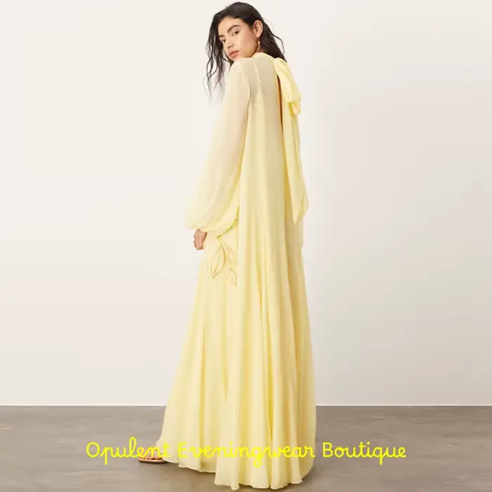 Robe de soirée en mousseline de soie jaune exquise