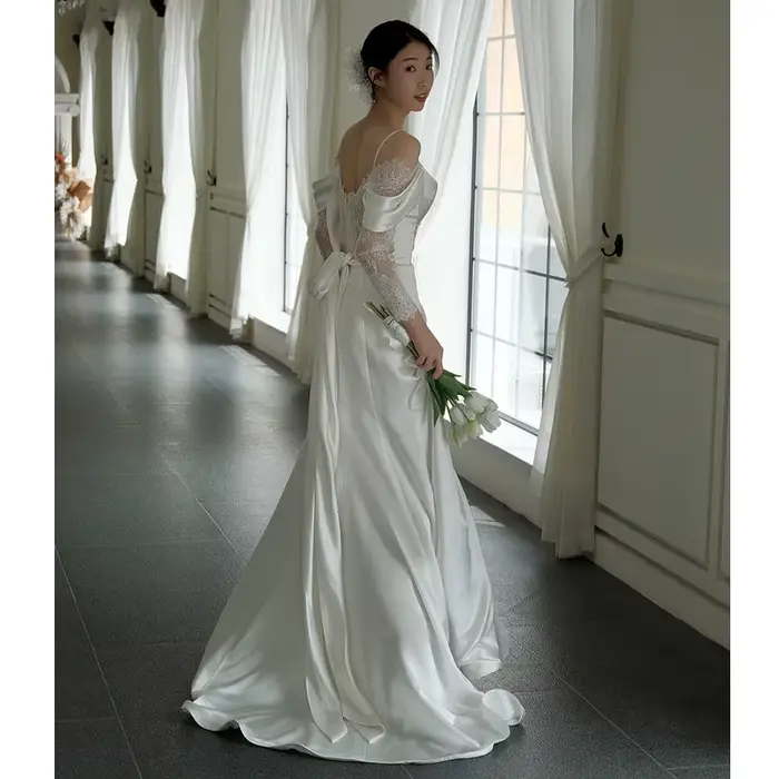 Robe de Mariée en Satin à Bretelles de Style Français