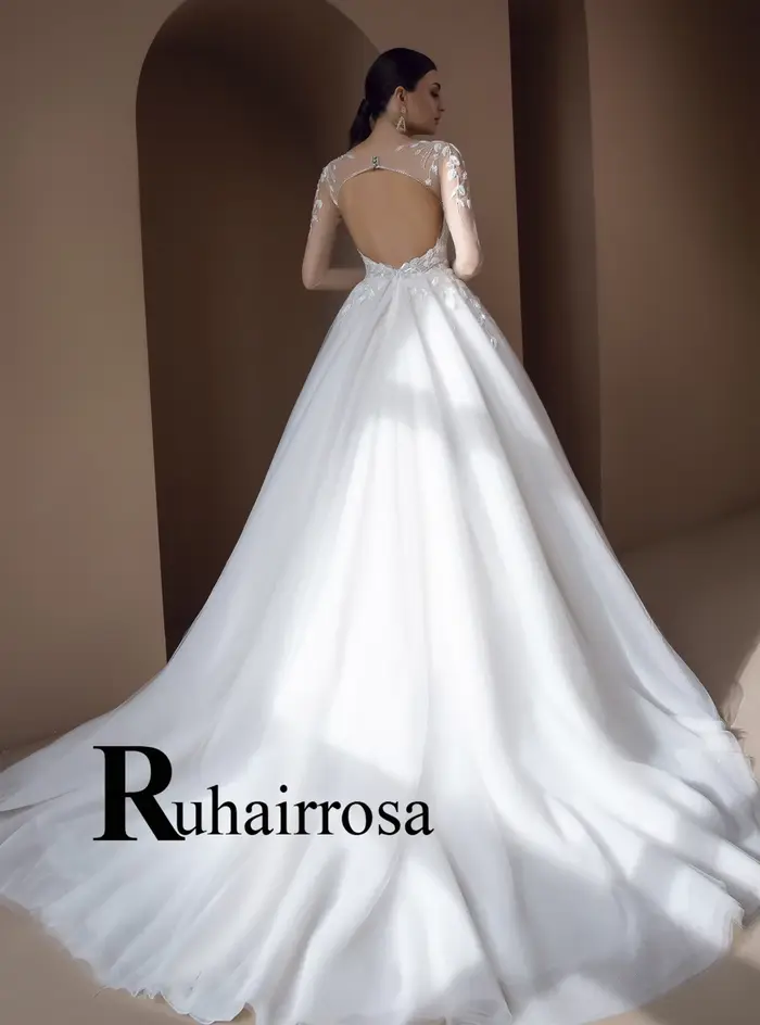Robe de mariée Ruhair Rosa en polyester avec paillettes, couleurs blanc, ivoire et champagne, coupes a-ligne et dos nu, pour cérémonies et occasions spéciales