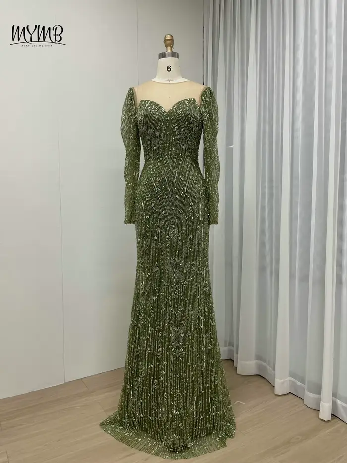 MYMB-Robe de soirée sirène à manches longues et col rond pour femme, robe d'invité de mariage, gaine