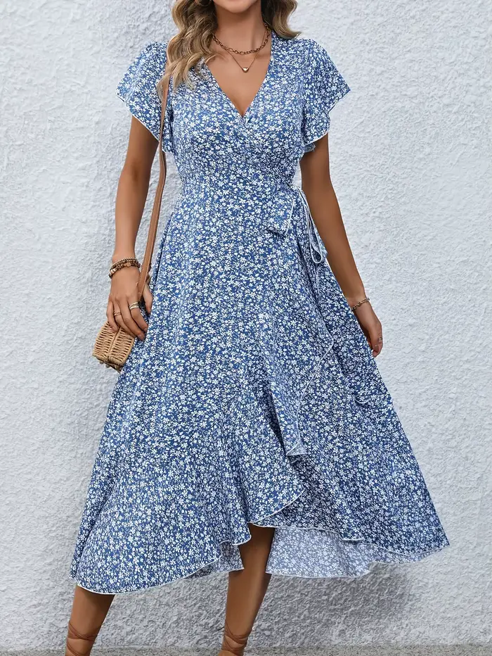 Robe d'été pour femmes, sexy, col en V, manches courtes, taille haute irrégulière, à lacets, imprimé floral, robes de plage décontractées