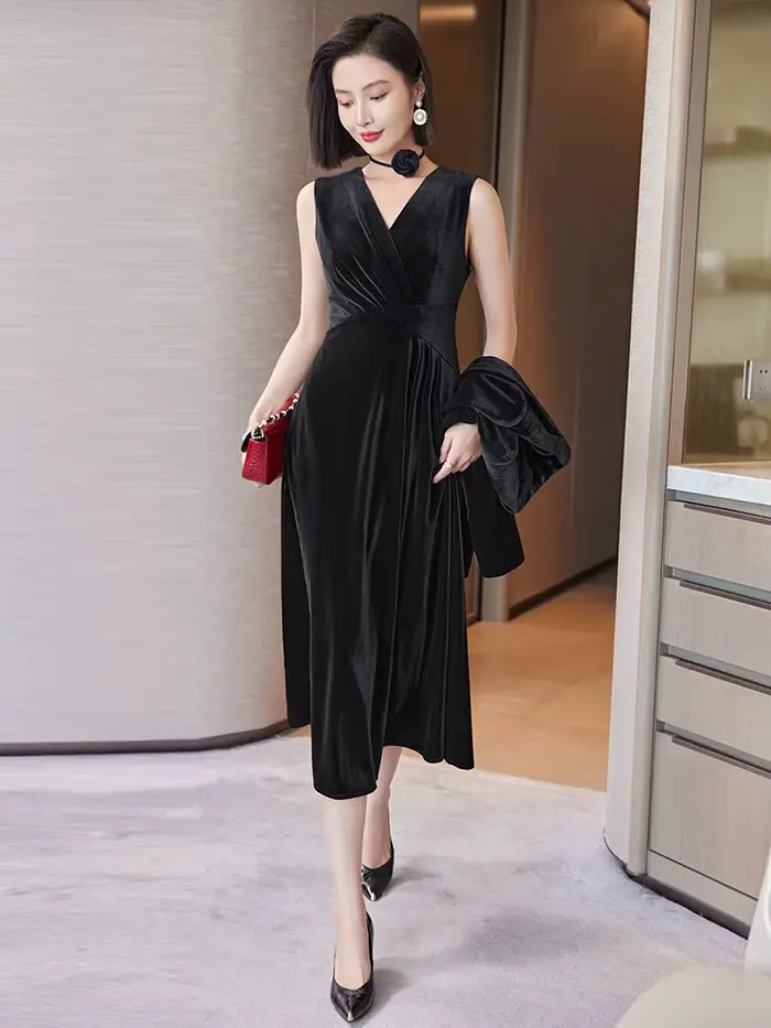 Robe en velours doré à la mode col en V sans manches pour femmes printemps automne soirée mariage occasionnels