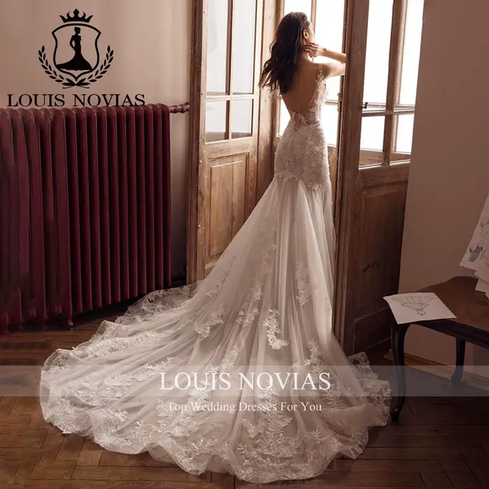 LOUIS NOVIAS robe De mariée sirène bretelles Spaghetti chérie Appliques Champagne dentelle Sexy