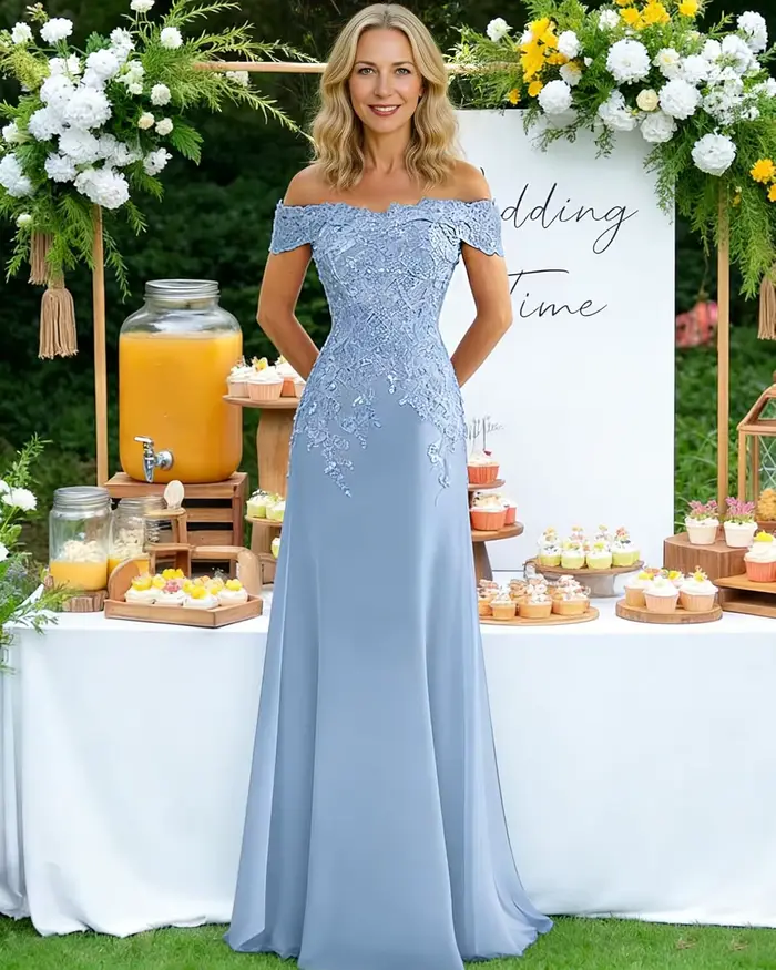 Robe de mère de la mariée en mousseline de soie avec dentelle élégante pour soirée et cérémonies importantes