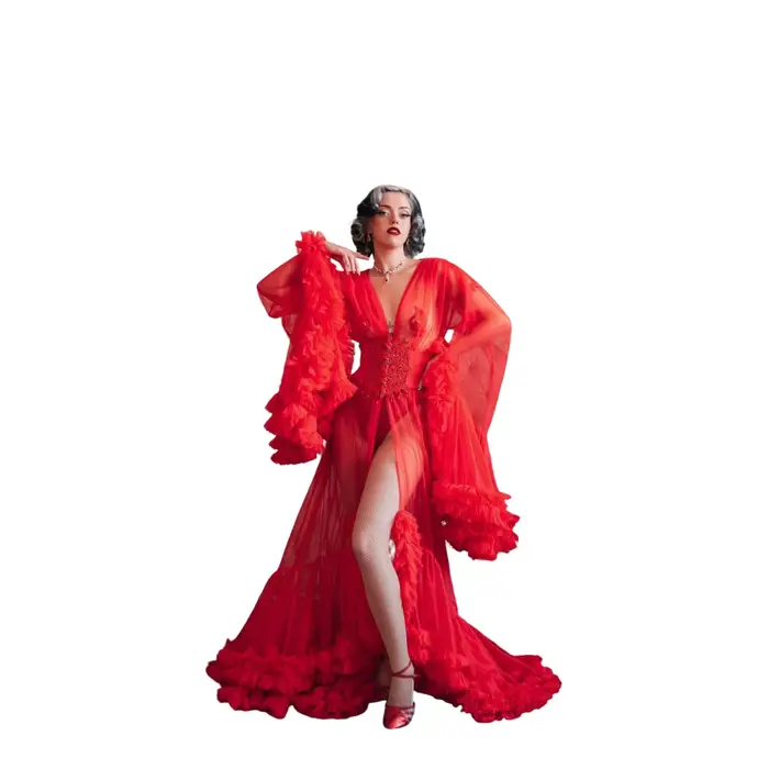 Robe de soirée chic à volants pour femmes, col en V, manches longues, transparente, personnalisable pour soirées officielles et cérémonies de maternité