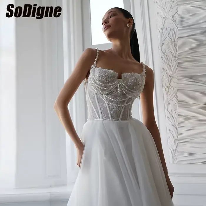 Robes de mariée SoDigne en tulle/ Dentelle coupe trapèze 2026 sans manches avec perles, Robe de mari