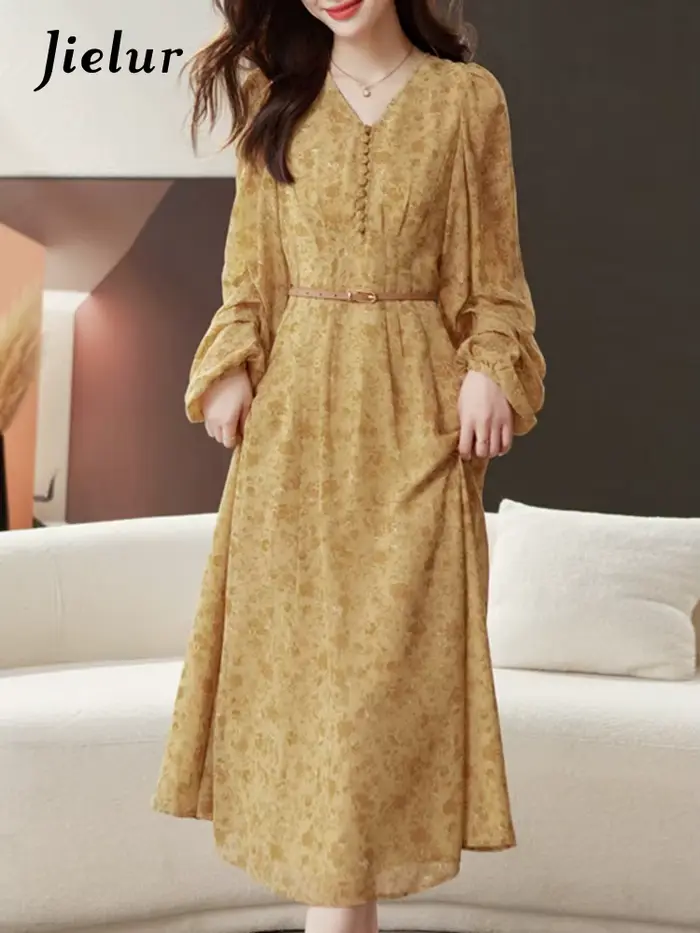 Robe en mousseline de soie vintage style plage française été col en V manches lanternes polyester junior femmes occasions spéciales