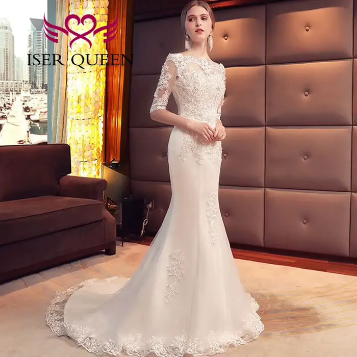 Robe de mariée personnalisée ISER QUEEN style sirène avec train de chapelle et décoration en dentelle et perles pour femmes occasions spéciales