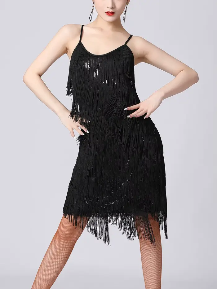 Robe de brevLatine pour Femme, Tenue Évasée à Franges et Paillettes, Vêtement de Cocktail, Tango, Sa
