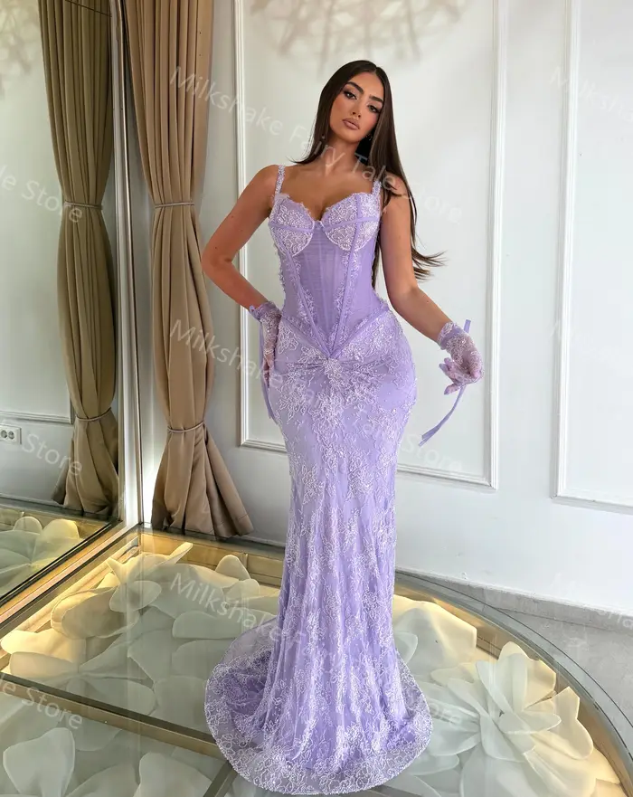 Robes de soirée lavande glamour en dentelle complète sans manches pour femmes
