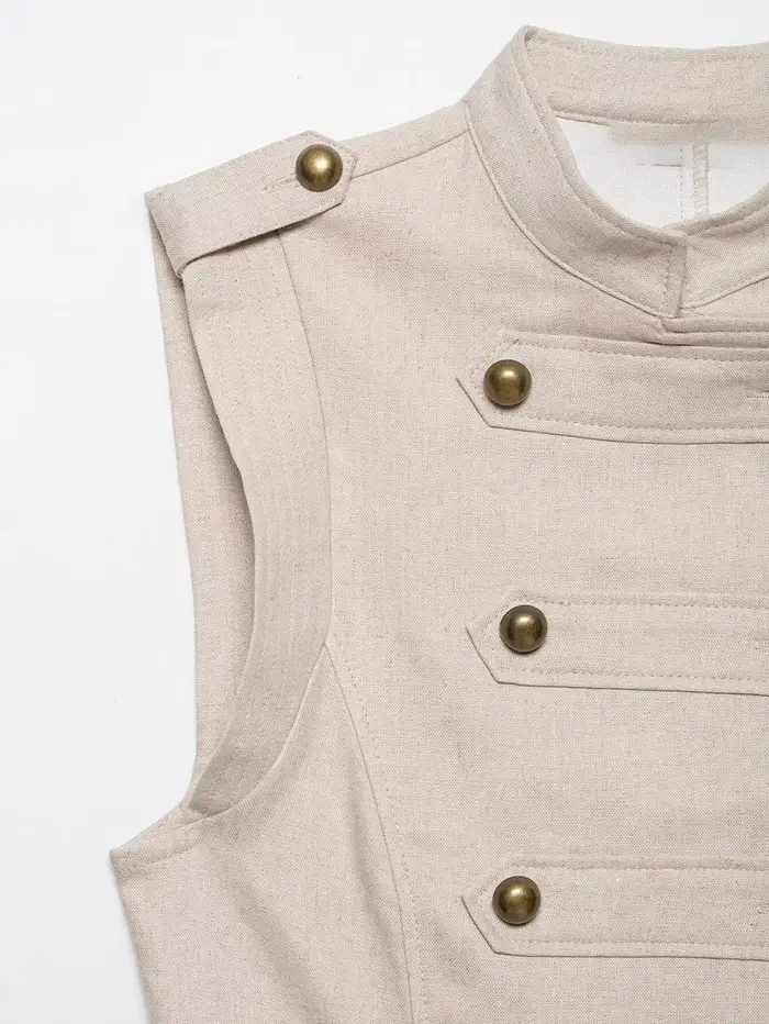 KONDALA Chic Khaki Straight Woman Cool Mini Dresses Fashion 2026 Summer Double Breasted Dress Sleeveless Modern Casual Vestidos