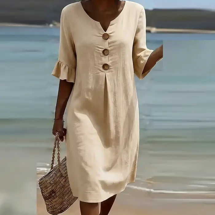 Robe vintage femme col en V manches courtes design à volants boutonnée plage vacances décontractée unie ample pour fêtes