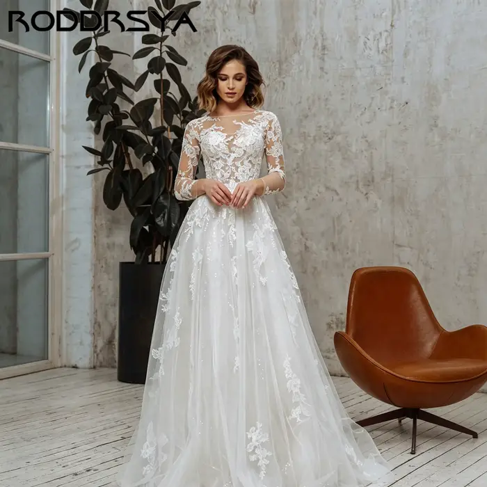 RODDRSYA Robe de mariée bohème coupe A appliques tulle illusion
