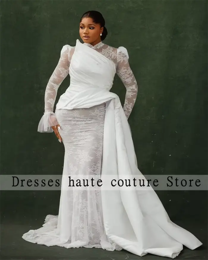 Aso Ebi-Robe de Soirée de Forme Sirène en Dentelle Blanche, Tenue de Mariage Personnalisée à Manches
