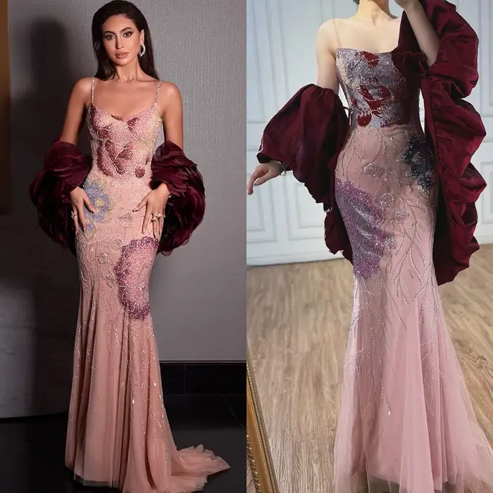 Robe de soirée rose de luxe avec manches Cape