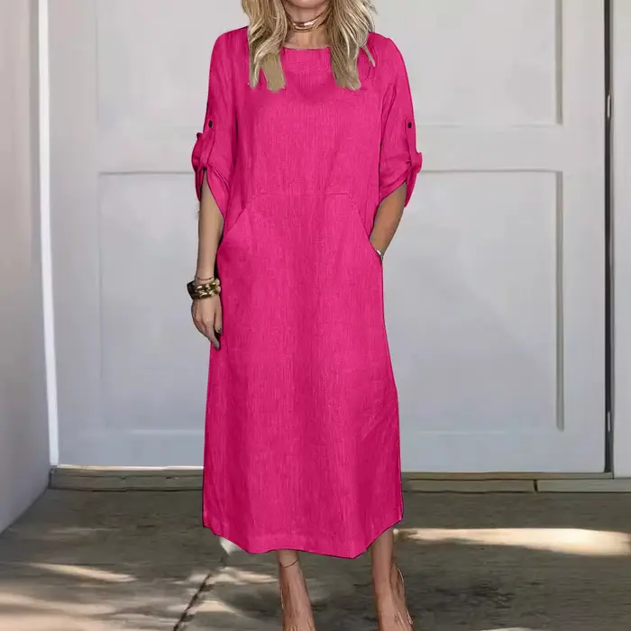 Robe en coton et lin pour femme, été 2026, coupe ample décontractée, couleur unie, manches courtes, 
