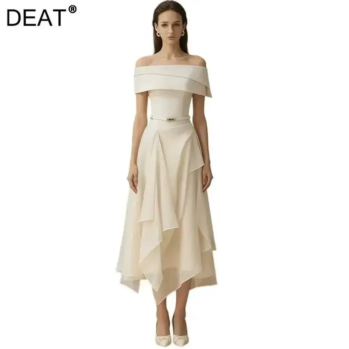 DEAT 2026 Nouvelle Robe Longue Asymétrique à Taille Cintrée avec Cape, Design Niche Vietnamien, Ensemble Deux Pièces avec Ceinture