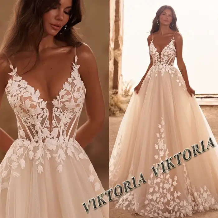 VIKTORIA-Robes de mariée en tulle personnalisées pour les mariages, charmantes appliques, bretelles