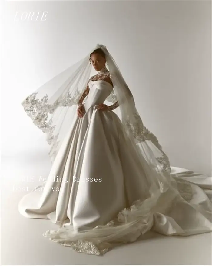 Robe de mariée civile plissée de luxe LORIE, coupe trapèze, avec appliques en dentelle, pour fiançai