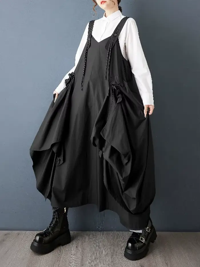 Robe plissée sans manches noire Vintage à bretelles pour femmes