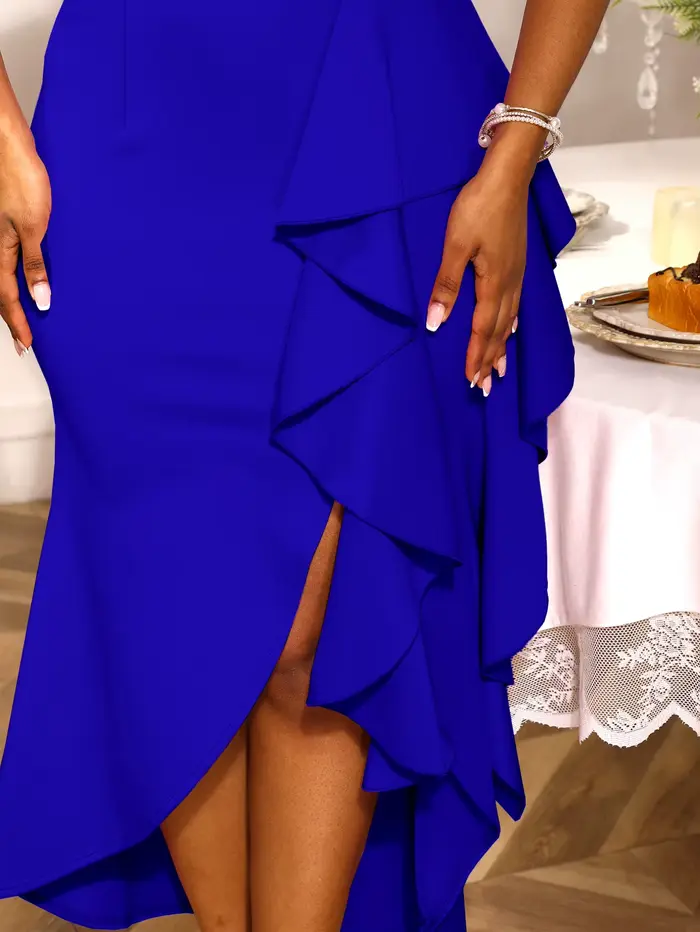 Robes de soirée de mariage d'invité de luxe femmes élégantes col en V manches courtes à volants fente irrégulière