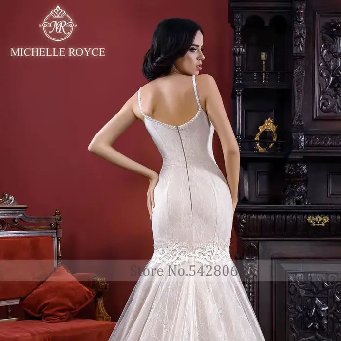 Michelle Royce sirène robes De mariée Sexy chérie bretelles Spaghetti Appliques fermeture éclair Court Train robe De mariée Vestido De Novia