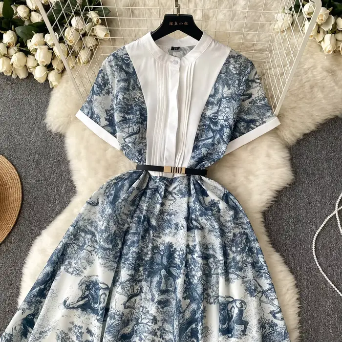 Robe Maxi Française Chic et Élégante Imprimée avec Manches Courtes Pour Femmes Occasions Spéciales Bureau Élégante