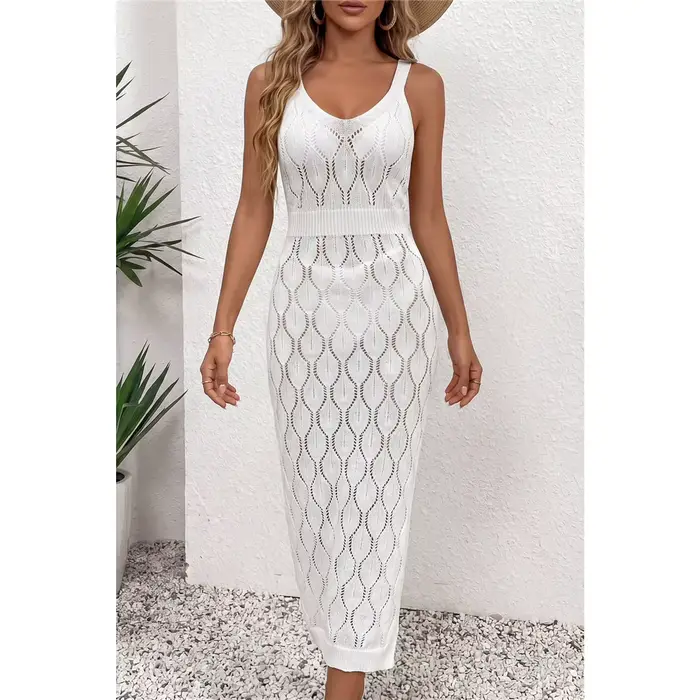 Robe de plage cache-maillot pour femme, unie, sans manches, ajourée, en crochet tricoté, tunique de 