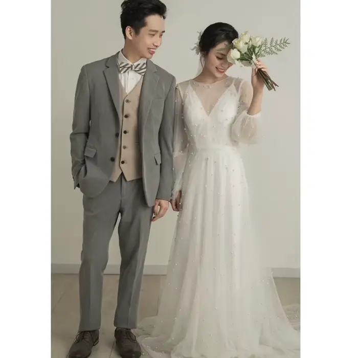 Robe de mariée blanche à manches longues, légère, avec perles, Style forêt, Super féerique, Simple e