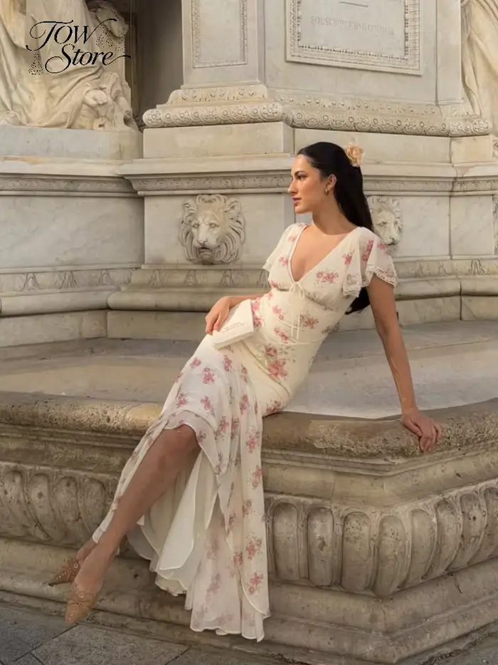 Robe longue plissée à manches volantées pour femme