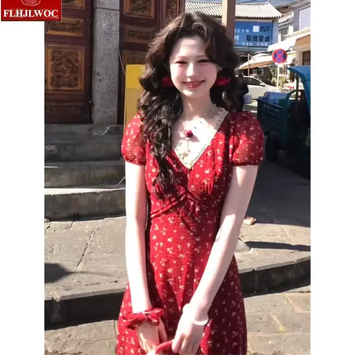 Robe longue maxi vintage à imprimé floral pour femmes, coupée trapèze, taille à lacets, col en V, pour Nouvel An et autres occasions spéciales
