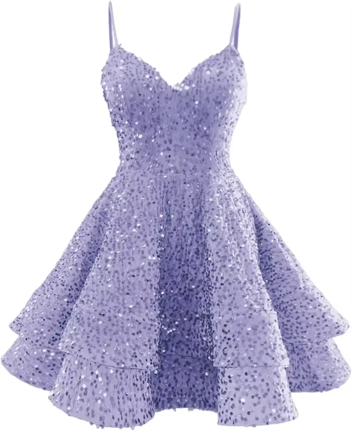 Robes de bal à sequins superposées pour adolescentes 2026, courtes, scintillantes, à fines bretelles