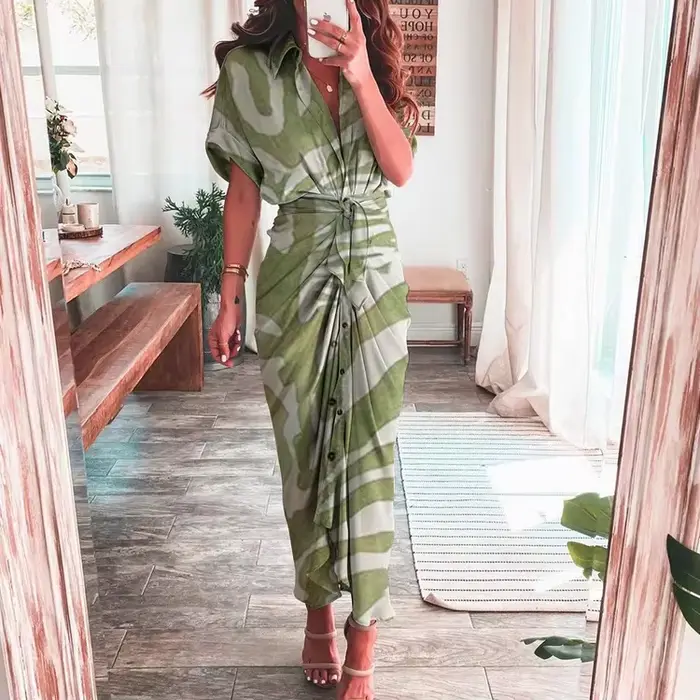 Robes élégantes pour femmes, mode estivale, robe chemise imprimée à manches courtes, robe longue vin
