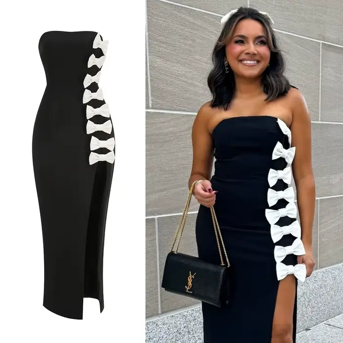 Robes de soirée chics noires sans bretelles avec détail de nœud blanc – Robe de soirée de luxe à fente haute pour femme