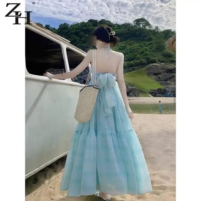 Robe de plage longue féerique à bretelles sans manches pour femmes, style arc, dos nu, avec nœud, polyester haute élasticité, pour vacances et pauses thé