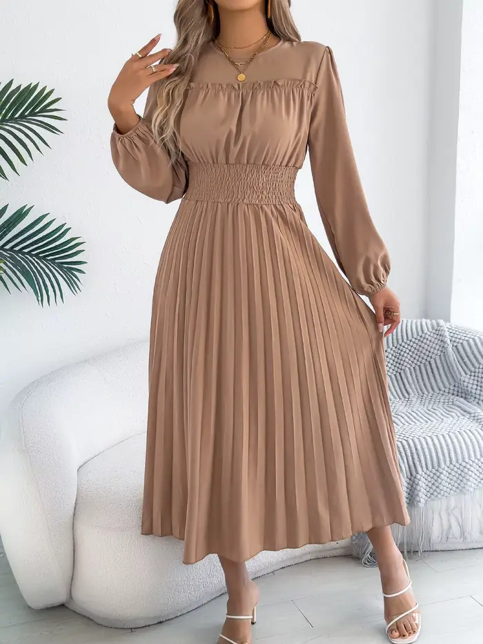 Robes Élégantes Femme Automne Hiver 2026 Décontractées Couleur Unie Taille Haute Manches Longues Maxi Vert Kaki Bleu