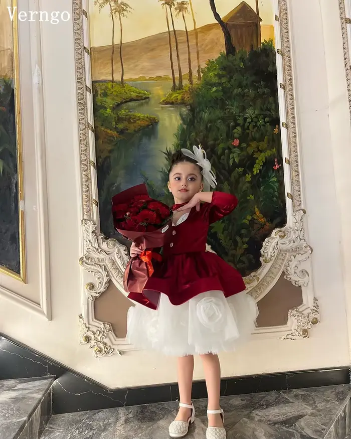 Verngo-Robe Tutu Rouge à Fleurs 3D pour Fille