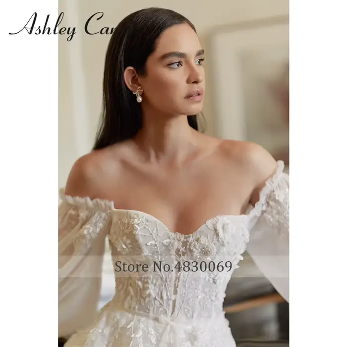 Robe de Mariée Bohème en Dentelle avec Perles et Manches Bouffantes pour Femmes Occasions Spéciales Mariages Proms Soirées de Célébrités