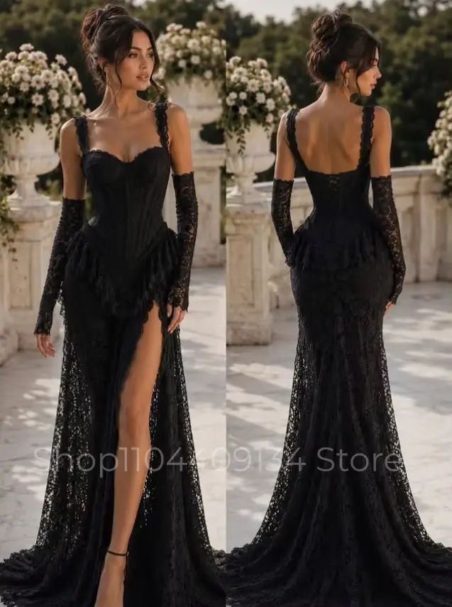 Robe de soirée sirène noire, sans bretelles, en dentelle, corsetée, à manches longues, avec fente la