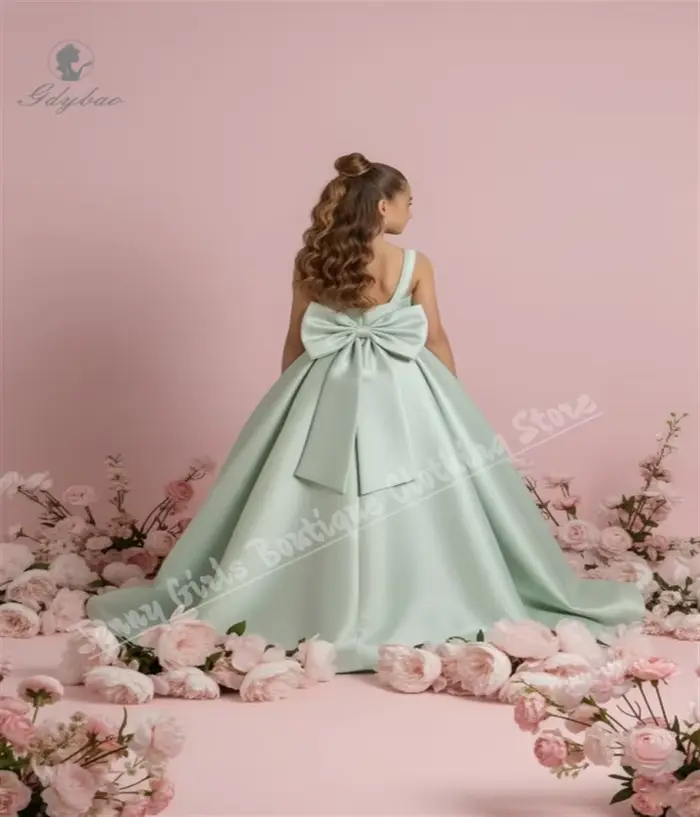 Robe de demoiselle d'honneur en satin vert sage avec détails floraux pour cérémonies de communion et anniversaire
