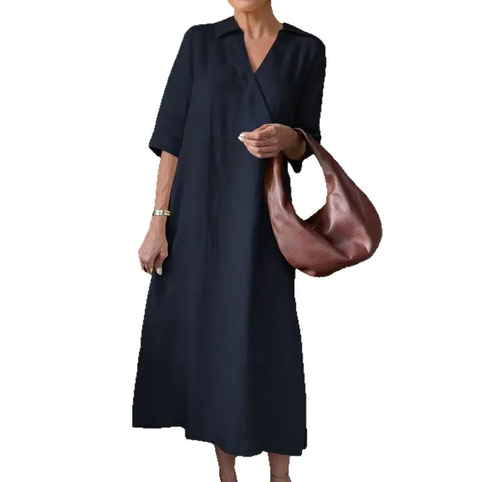 Robe longue à manches courtes en coton tricoté style rétro pour femmes occasions spéciales été automne