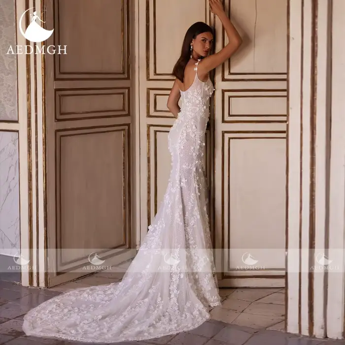 Robe de mariée sirène avec bretelles spaghetti festonnées, fleurs 3D, soutien-gorge intégré, train amovible, sur-mesure pour femmes, occasions spéciales