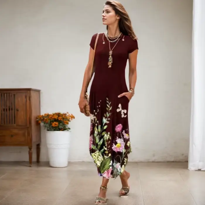 Robe mi-longue à imprimé floral vintage pour femmes, pull à manches courtes, robes longues avec poches, robe d'été de plage bohème, col rond, occassions spéciales, cadeau pour femme