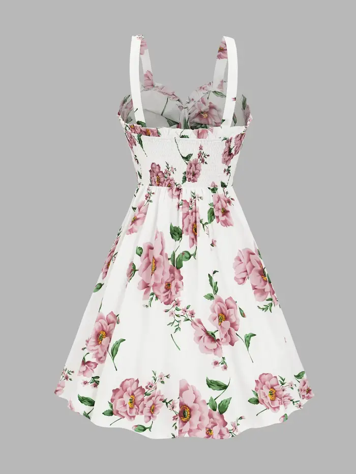 Robe de vacances en polyester imprimée floral avec arc et volants pour femmes, mini robe sans manches pour sorties estivales et occasions spéciales