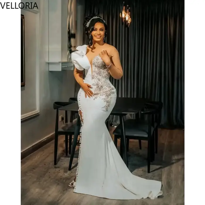Robe de soirée africaine nigériane sirène élégante col transparent manches longues pour femmes soirées officielles mariage galas